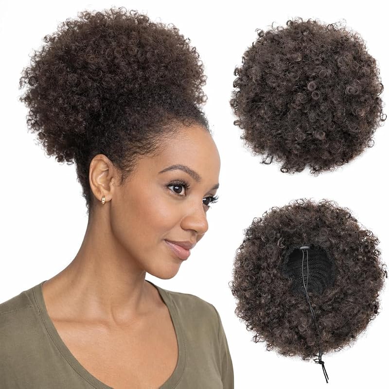 AISI QUEENS Synthetic Afro Puffs Drawstring Ponytail Medium Brown Bun Hairpieces Updo Hair Puff Clip On Short Kinky Curly Hair Large Size(4#)