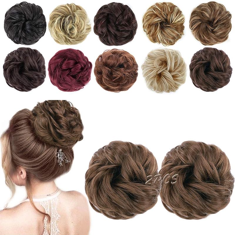 MORICA 2PCS Messy Bun Hair Piece for Women,Chestnut Brown Hair Bun