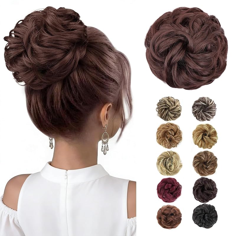 MORICA 2PCS Messy Bun Hair Piece for Women, Dark Auburn Hair Bun Scrunchie