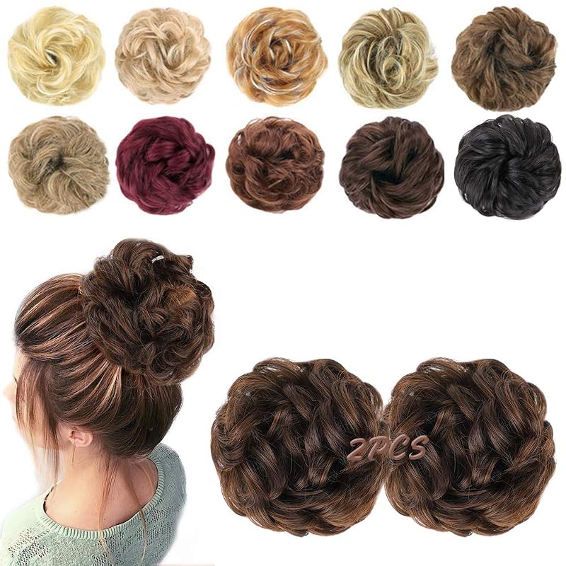 MORICA 2PCS Messy Bun Hair Piece for Women,Dark Brown Mixed Light Auburn