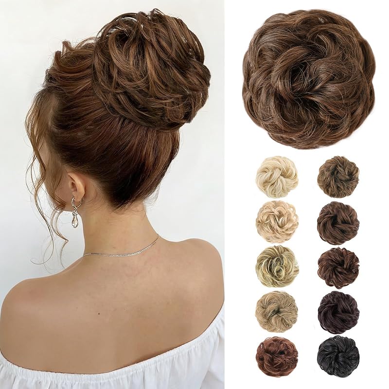 MORICA 1PCS Messy Bun Hair Piece for Women,Darkest Brown Mixed Light Auburn