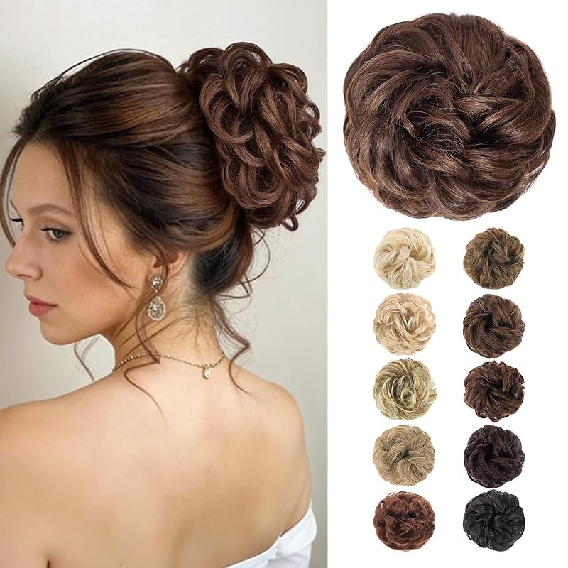 MORICA 1PCS Messy Bun Hair Piece for Women,Dark Brown&Light Auburn