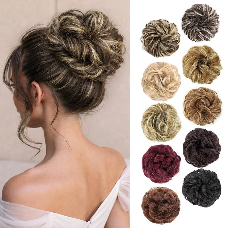 MORICA 1PCS Messy Bun Hair Piece for Women,Dark Brown&Blonde Highlights