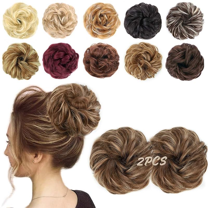 MORICA 2PCS Messy Bun Hair Piece for Women,Caramel Brown&Blonde Highlights