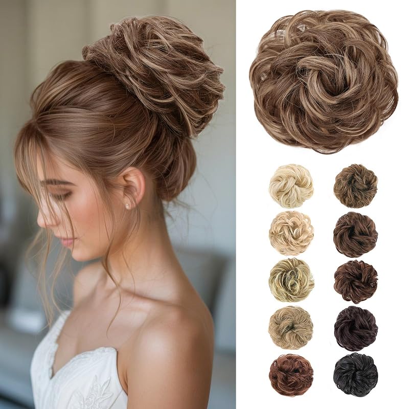 MORICA 1PCS Messy Bun Hair Piece for Women,Caramel Brown&Blonde Highlights