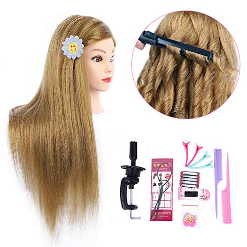 MEDO Mannequin Head 26 Inch With 50% Real Hair Brown Practice Training Head Synthetic Long Straight Hair Dresser Training Head Doll Cosmetology Manikin Head And Clamp Stand No Make Up(Makeup on, 27)
