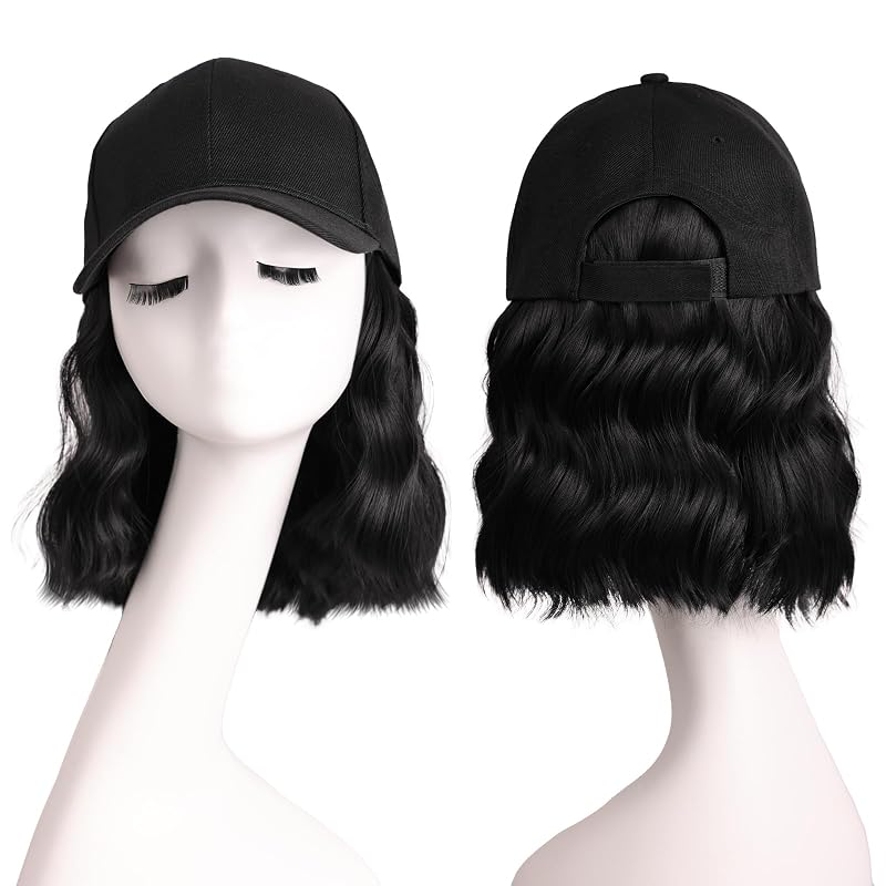 Hat Wigs for Women Baseball Cap with Hair Extensions Short Wave Synthetic baseball Cap Wig for Women Adjustable Hat with Hair Attached for Daily Use(14inch)