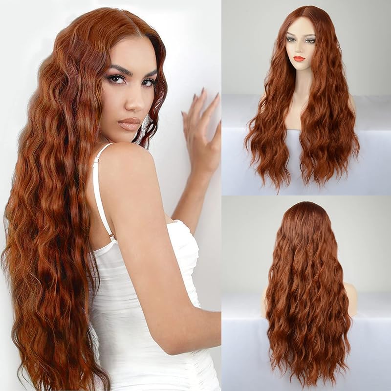 Auburn Wig for Women Long Wavy Copper Red Water Wave Synthetic Wig 28 Inch