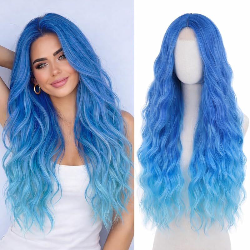 WECAN Long Blue Wig for Women Ombre Blue Wavy Synthetic Wig 28 Inch Cosplay