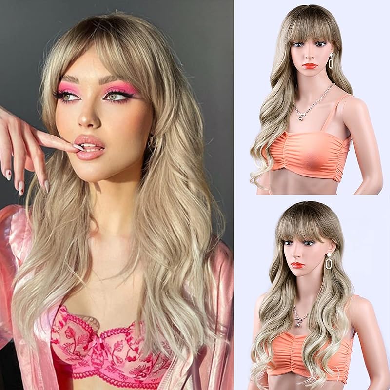FORCUTEU Ombre Blonde Wig with Bangs Ombre Wigs for Women Long Wig Wavy Heat Resistant Wigs for Daily Party Halloween(Ombre Blonde 26inch)