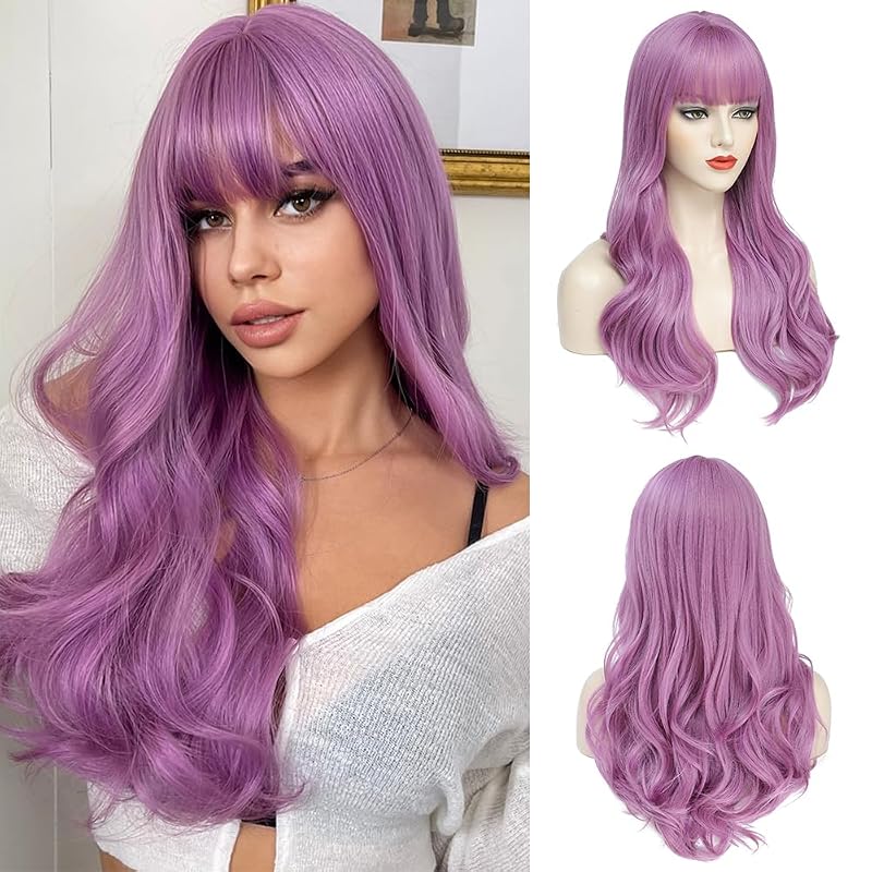 AISI QUEENS Long Wigs for Women Purple Wig with Bangs for Women Wavy Synthetic Heat Resistant Wigs for Daily Cosplay Party Winter Holiday Wig (26inch, Purple)