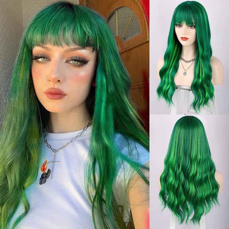 ENTRANCED STYLES Green Wig with Bangs Long Wavy Wigs for Women Heat Resistant Wavy Wig for Daily Party Use (24 inch Green)