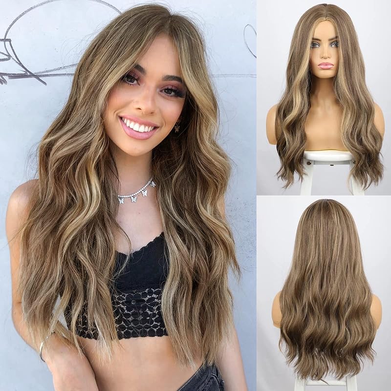 AISI QUEENS Brown Wig Long Wavy Brown Wigs for Women Brown Highlighted Wig Wavy Wigs Synthetic Heat Resistant Wigs for Halloween Cosplay Daily Party Wig（26inch,Light Brown）