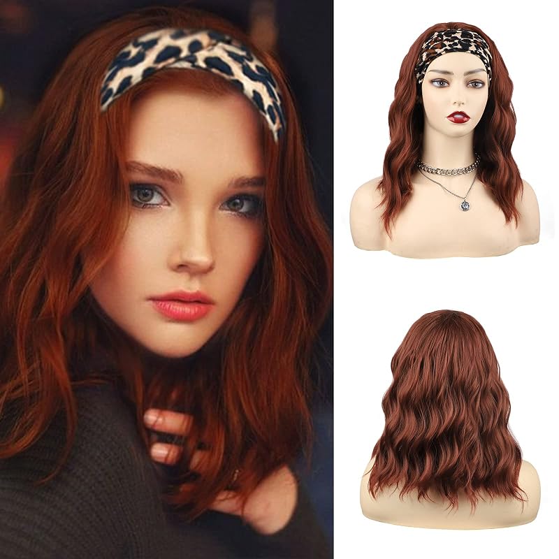 MORICA Headband Wig Short Wavy Wigs for Black Women Auburn Bob Wig