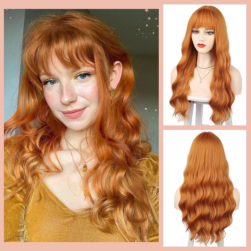 ENTRANCED STYLES Ginger Wig with Bangs Ginger Wavy Wigs for Women Long Orange Wig Heat Resistant Synthetic for Daily Cosplay Party(26inch Orange)