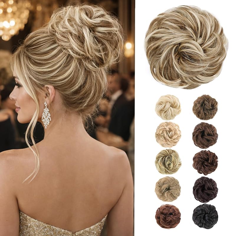 MORICA 1PCS Messy Bun Hair Piece for Women,Brown with Blonde Highlights