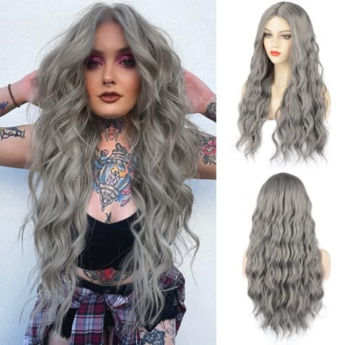 WECAN Gray Wig for Women Long Natural Wave Synthetic Wig 28 Inch