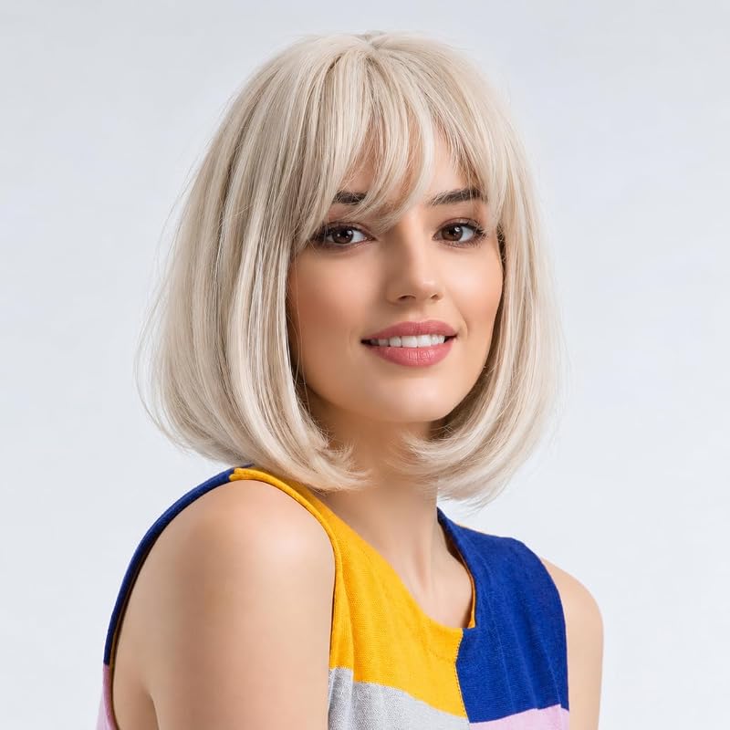 Blonde Bob Wig, Short Straight Synthetic Wig with Bangs for Women