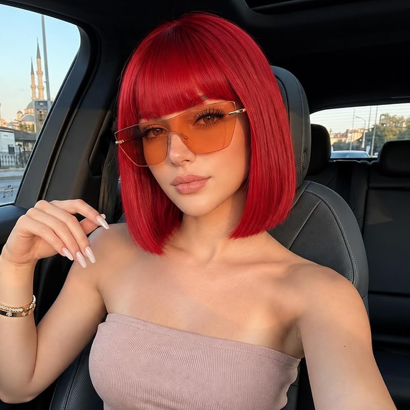 Red Bob Wig, Short Straight Bob Wig with Bangs for Women, Synthetic Wig