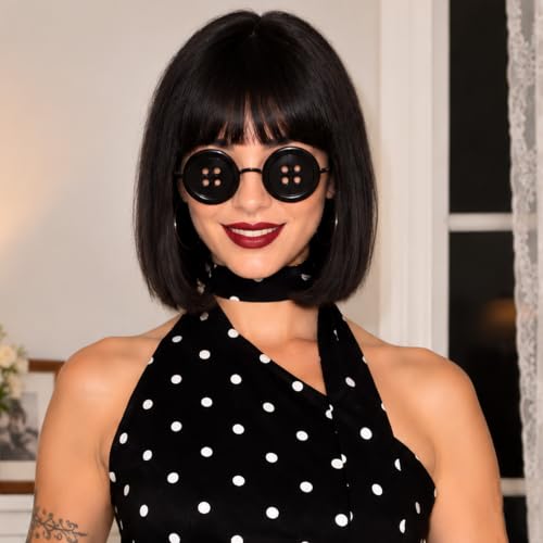 Black Bob Wig, Short Straight Bob Wig with Bangs for Women, Synthetic Wig