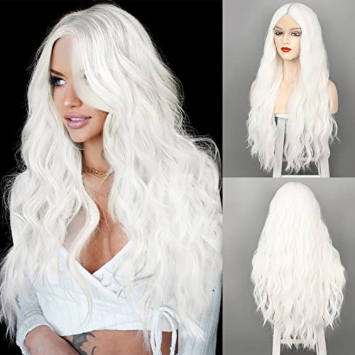 WECAN Long White Wig for Women, 28 Inch Middle Part Wig, Natural Look