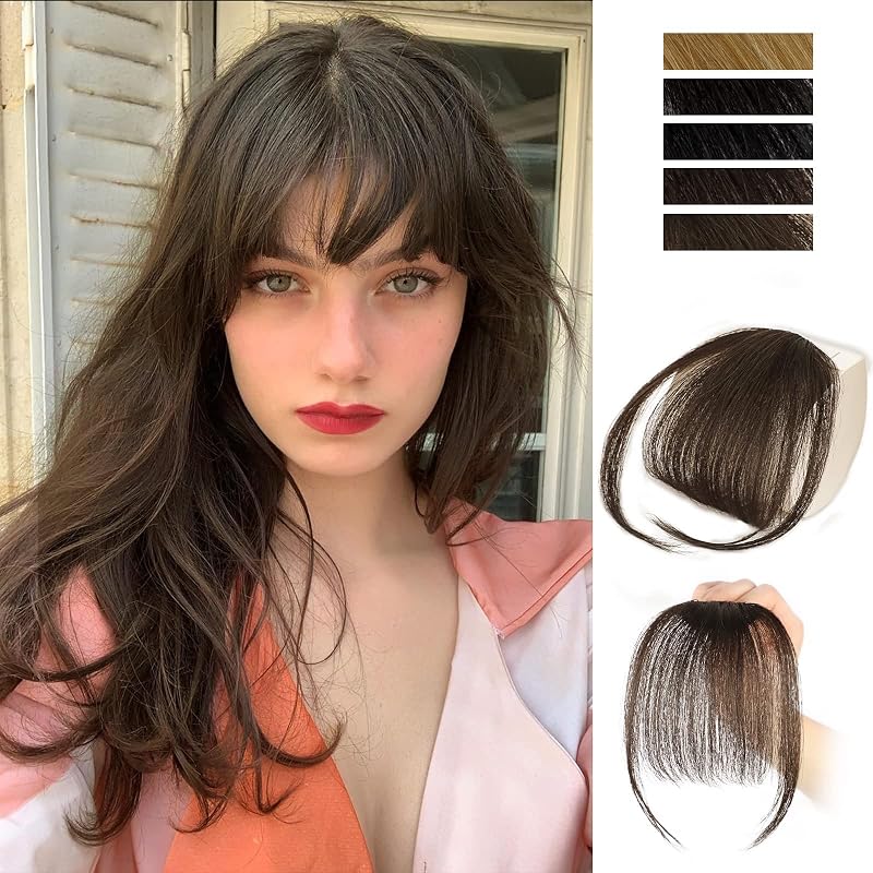 MORICA Clip in Bangs for Women 100% Human Hair Extensions Wispy Bangs Fringe with Temples Hairpieces Air Bangs Flat Bangs Clip Curved Bangs for Daily Wear (light brown)