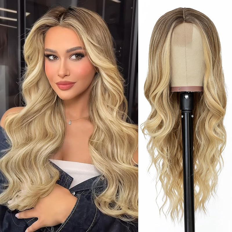 NAYOO Long Wavy Blonde Wig for Women - 26 Inch Blonde Hair Wigs with Dark Roots, Natural Looking Ombre Blond Wigs, Heat Resistant Fiber Middle Part Synthetic Wig for Daily Wear Party Cosplay