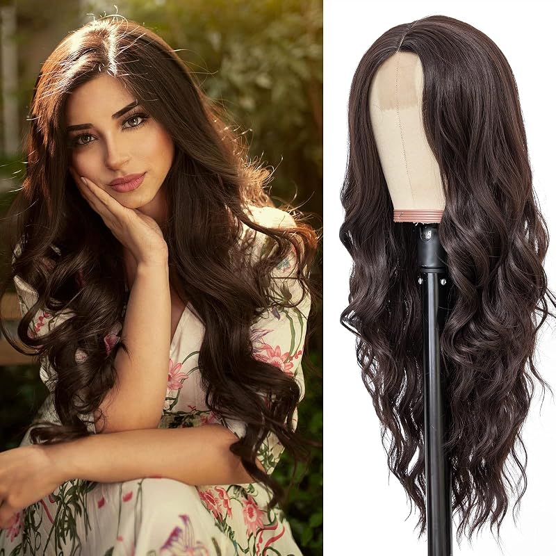 NAYOO Long Brown Wavy Wig for Women, 26 Inch Chocolate Brown Wigs, Natural Looking Brunette Wigs, Heat Resistant Brown Synthetic Wig, Middle Part Hair Replacement Wigs for Daily Party Cosplay