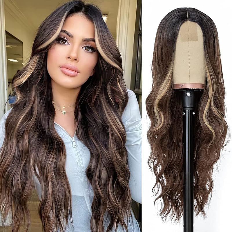 NAYOO Long Wavy Brown Wig for Women, 26 Inch Brown Wig with Blonde Highlights, Natural Looking Balayage Brown Wig, Heat Resistant Long Wavy Synthetic Wig for Daily Wear Party Cosplay
