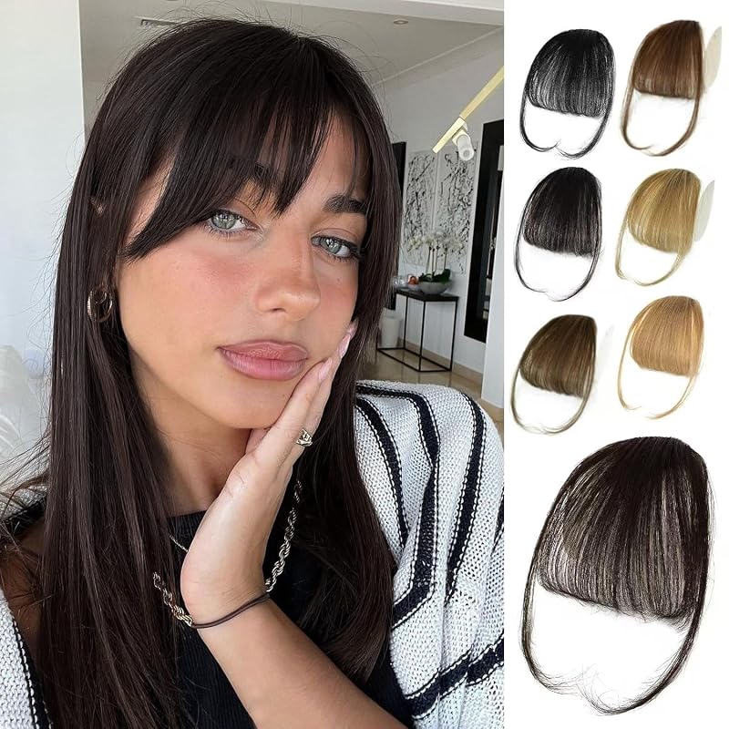 NAYOO Bangs Hair Clip- Dark Brown Fake Bangs 100% Real Human Hair Extensions Wispy Bangs for Women Fringe with Temples Hairpieces Curved Bangs for Daily Wear (Dark Brown, Wispy Bangs)