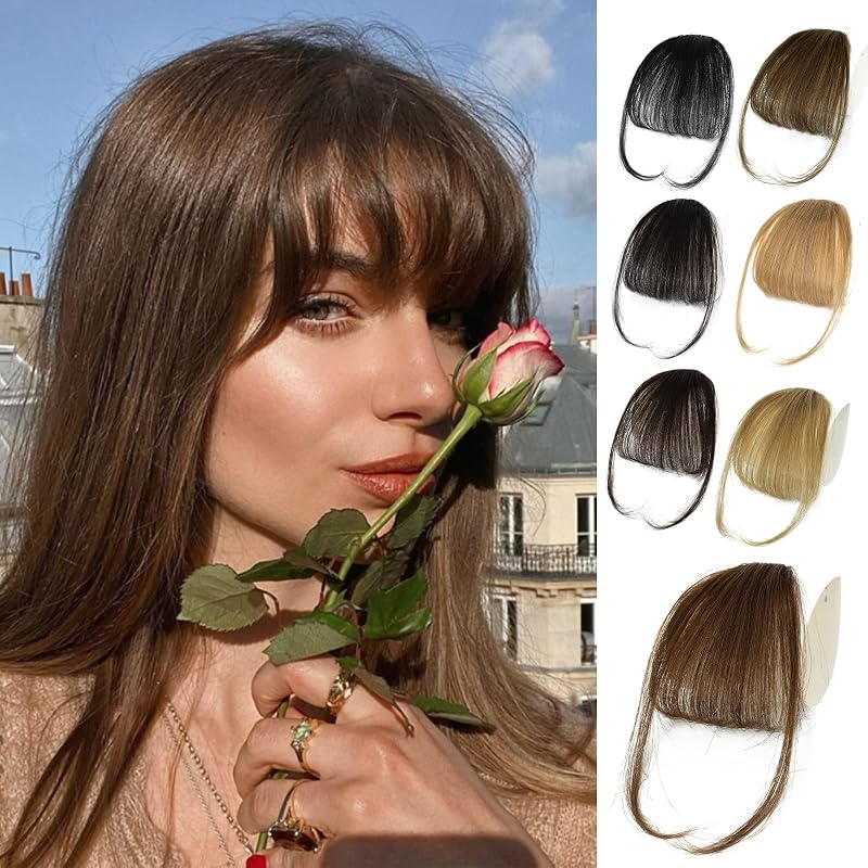 NAYOO Clip in Bangs Human Hair - Medium Brown Wispy Bangs with Temples Fringe Hairpiece Natural Looking Curved Fake Bangs Hair Extensions for Women