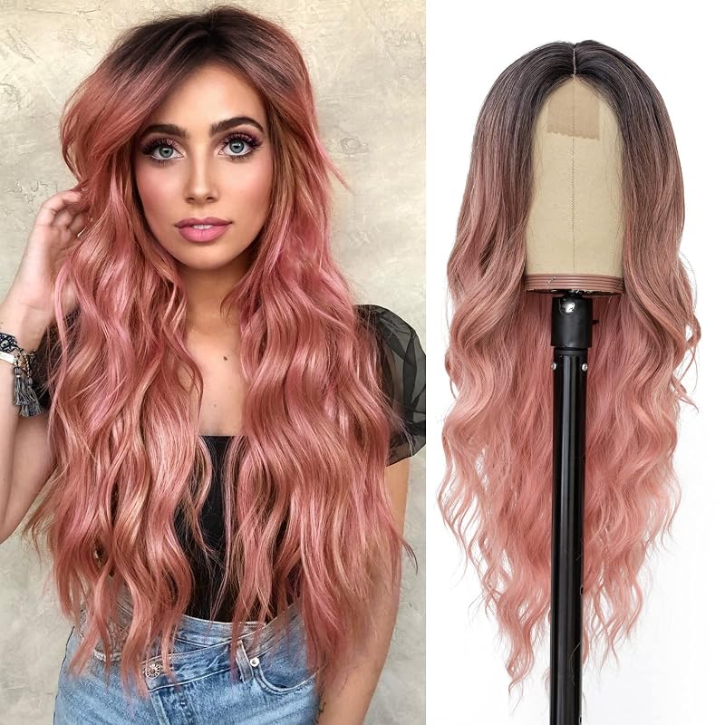 NAYOO Long Ombre Pink Wavy Wig for Women 26 Inch Middle Part Curly Wavy Wig Natural Looking Synthetic Heat Resistant Fiber for Daily Party Use (Ombre Pink)