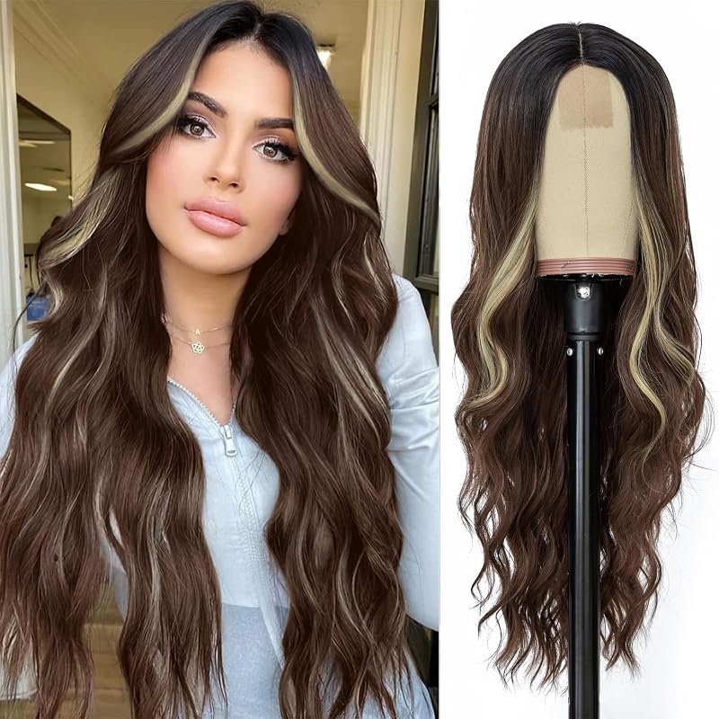 NAYOO Long Brown Mixed Blonde Wavy Wig for Women 26 Inch Middle Part Curly Wavy Wig Natural Looking Synthetic Heat Resistant Fiber for Daily Party Use (Brown Mixed Blonde)