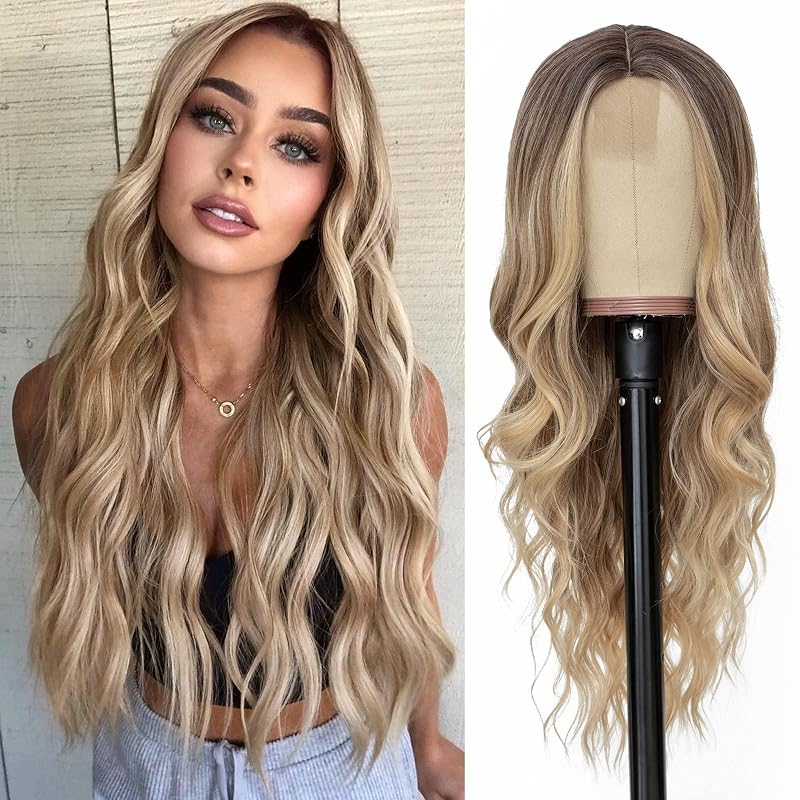 NAYOO Ombre Blonde Wig for Women, 26 Inch Middle Part Wavy Synthetic Wig