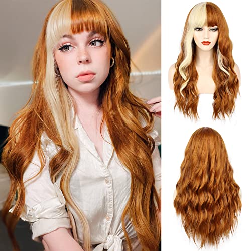 ENTRANCED STYLES Orange Wig with Bangs Long Wavy Wigs for Women Orange and Blonde Synthetic Heat Resistant Wave Wig for Daily Party Cosplay Use (26inch)