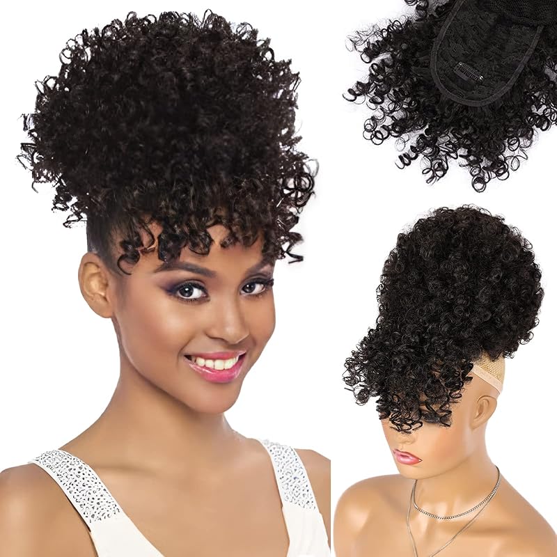 ENTRANCED STYLES Drawstring Ponytail with Bangs Afro Puff for Black Women
