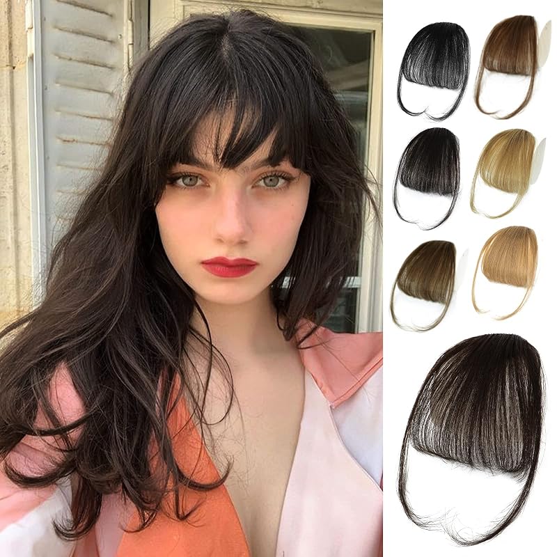 NAYOO Clip in Bangs - 100% Human Hair Bangs Clip in Hair Extensions, Mediun Brown Clip on Bangs Wispy Bangs Fringe with Temples Hairpieces for Women Curved Bangs for Daily Wear