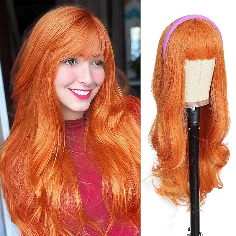 AISI QUEENS Orange Ginger Wig with Bangs Long Wavy Orange Wig for Women Halloween Daphne Cosplay Wig Use Heat Resistant Synthetic
