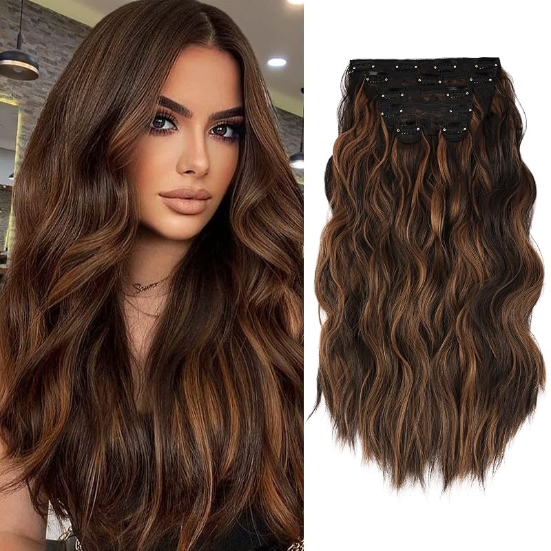 WECAN Clip in Long Wavy Synthetic Hair Extension 20 Inch 6pcs Auburn & Chestnut Thick Hairpieces Fiber Double Weft Hair for Women