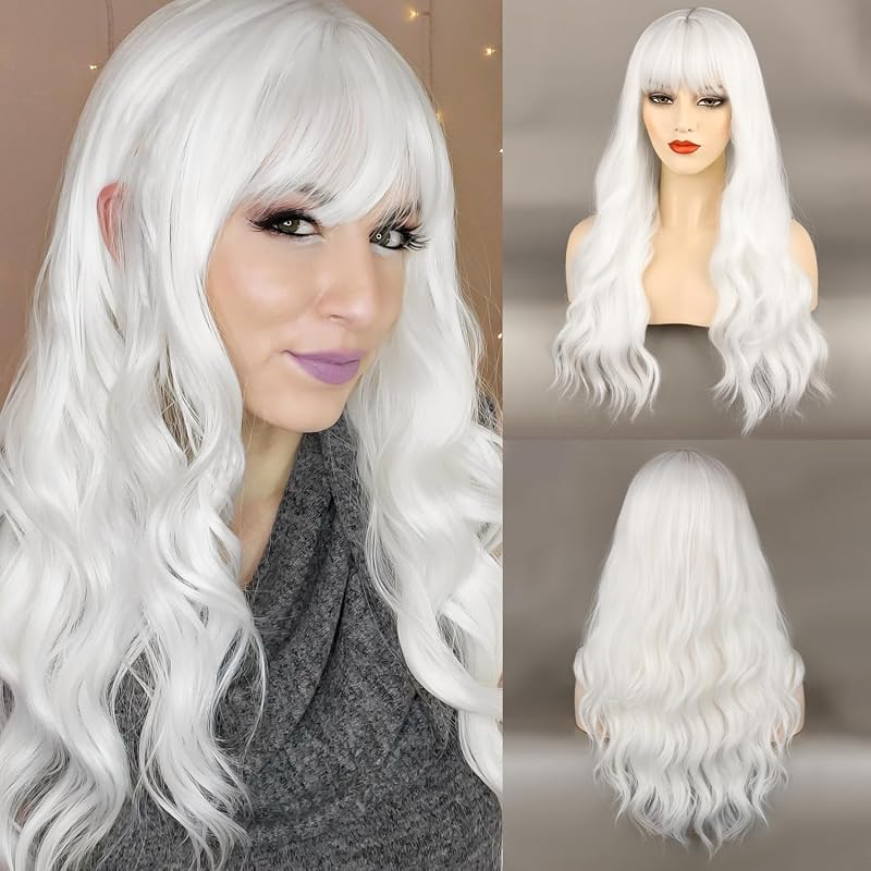 FORCUTEU White Wig with Bangs Long Wig for Women Wavy Wigs Heat Resistant Wigs for Daily Party Halloween Cosplay Use (White, 26 Inch)