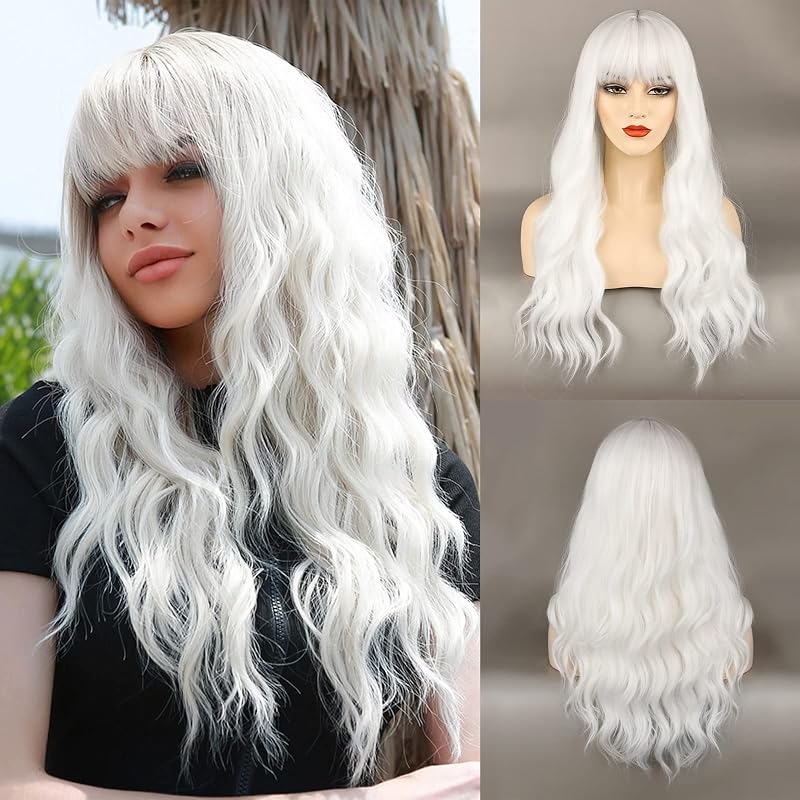 ENTRANCED STYLES White Wig with Bangs Long Wavy Whtie Wigs for Women Natural Looking Synthetic Heat Resistant Wave Wig for Daily Party Cosplay Use(26inch white)