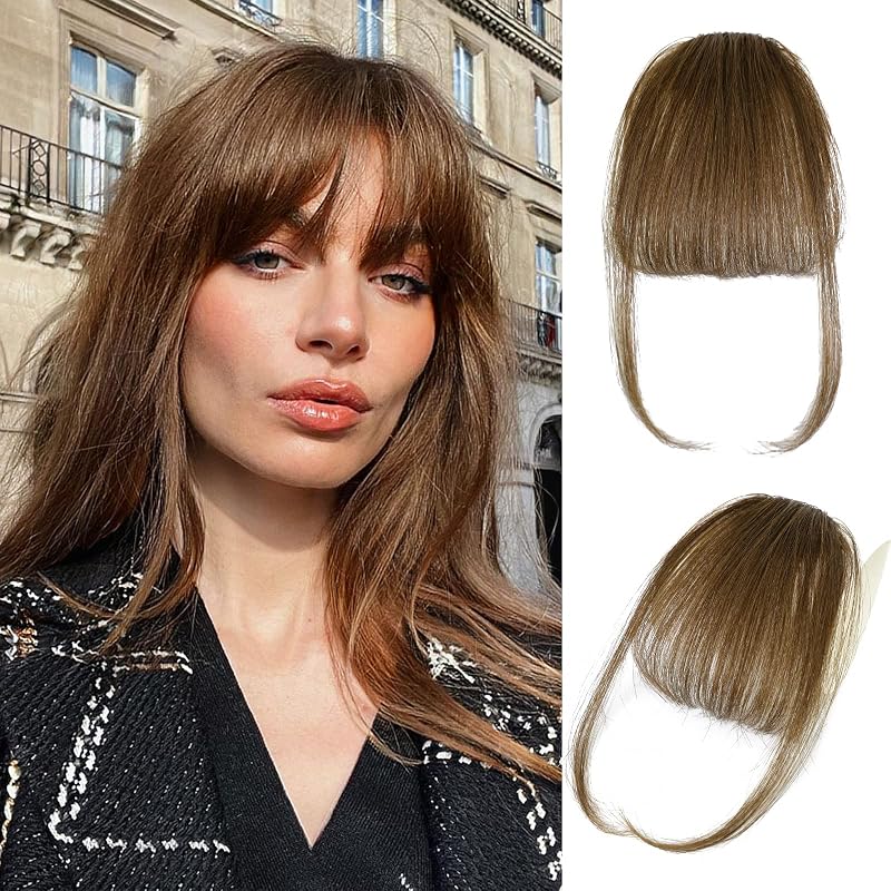 VERNA Bangs Hair Clip in Bangs, Brown Clip on Bangs Real Human Hair, Cute and Natural Fake Bangs, Thin Wispy Bangs Clip in Hair Extensions, Easy to Use Faux Bangs for Daily Wear (#6, Chestnut Brown)