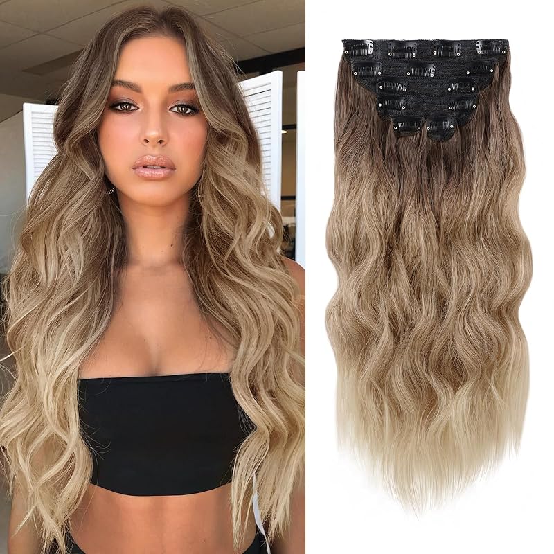 WECAN Clip in Hair Extension 20 Inch Ombre Blonde 6PCS Natural Long Wavy Curly Hairpieces for Women Thick Synthetic Fiber Double Weft Hair Full Head