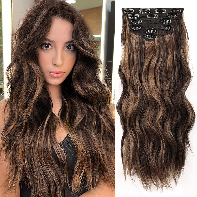 NAYOO Clip in Hair Extensions, 20 Inch Wavy Synthetic Hairpieces 6PCS