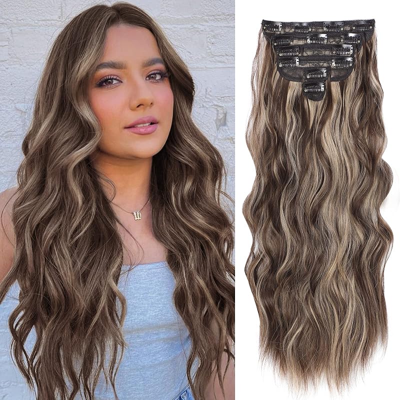 NAYOO Clip in Hair Extensions, 20 Inch Wavy Synthetic Hairpieces 6PCS