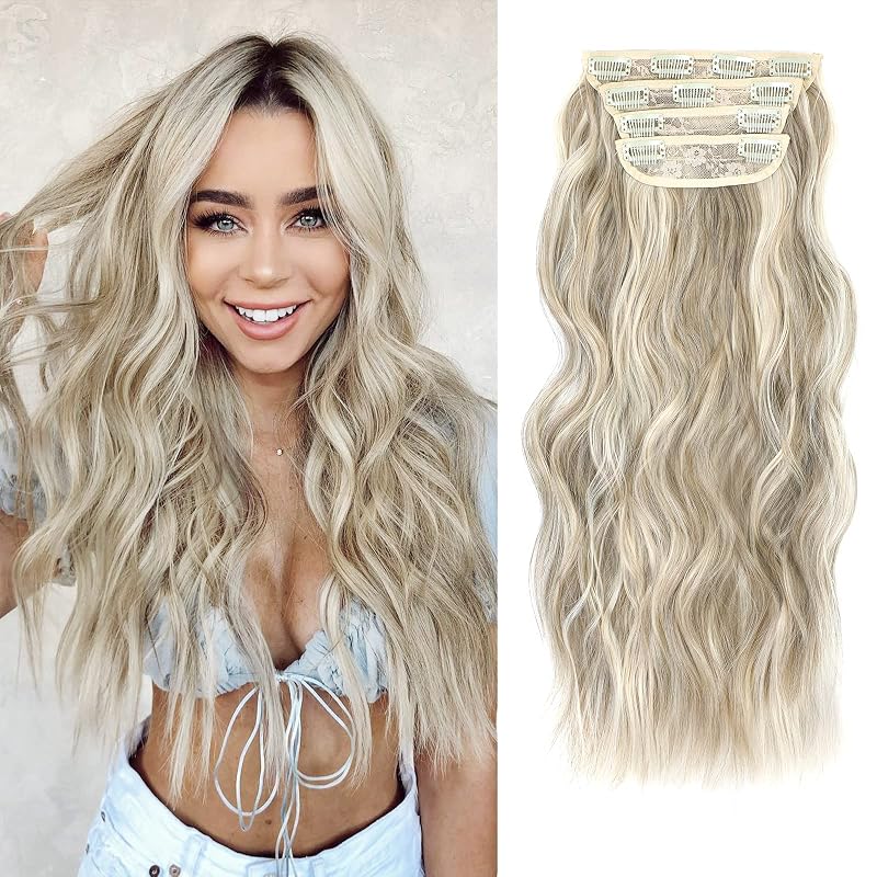 Clip in Hair Extensions, 20 Inch Light Blonde Hair Extension for Women 4PCS Curly Synthetic Fiber Hair Extensions Clip Ins Hairpicecs for Daily Party Use (light Blonde)