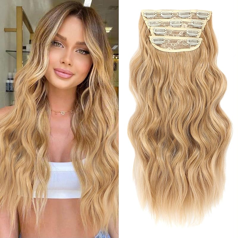 20” Blonde Clip in Hair Extensions Long Wavy Synthetic Extensions for Women