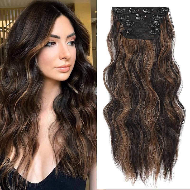 20” Brown Clip in Hair Extensions Long Wavy Synthetic Extensions for Women