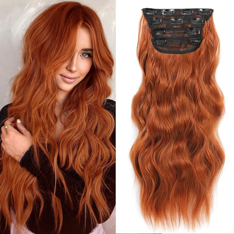 20” Red Clip in Hair Extensions Long Wavy Synthetic Extensions for Women