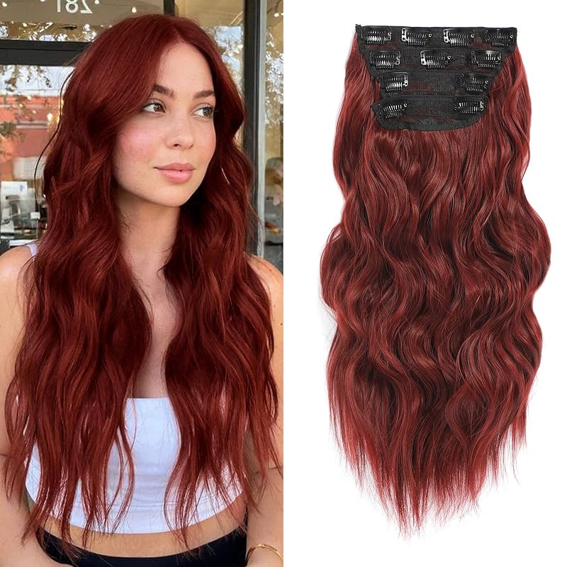 20” Red Clip in Hair Extensions Long Wavy Synthetic Extensions for Women